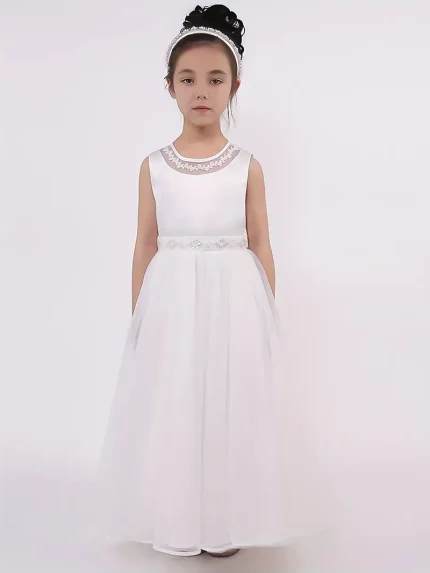 Elegant White Lace-Trimmed Sleeveless Tulle Dress for Girls - Floral Design