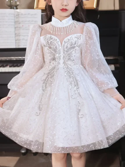 Girls' Champagne Sequined Celebration Gown with Sheer Tulle Fringe