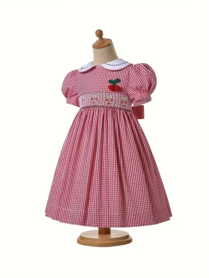 Girls Red Plaid Cherry Smocked Dresses