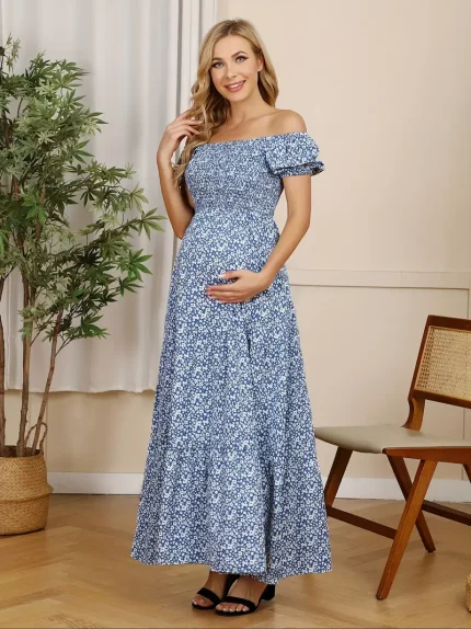 Maternity Dress Square Neck Puff Short Sleeve Smocked Floral Maxi Dress Photoshoot