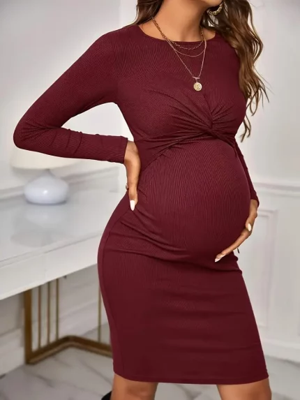 SANOPY Women's Slim-Fit Maternity Knit Dress - Long Sleeve Mid-Length