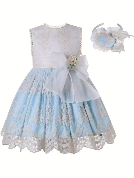 Elegant Girls' Sleeveless White & Blue Lace Dress with Belt - Perfect for Weddings