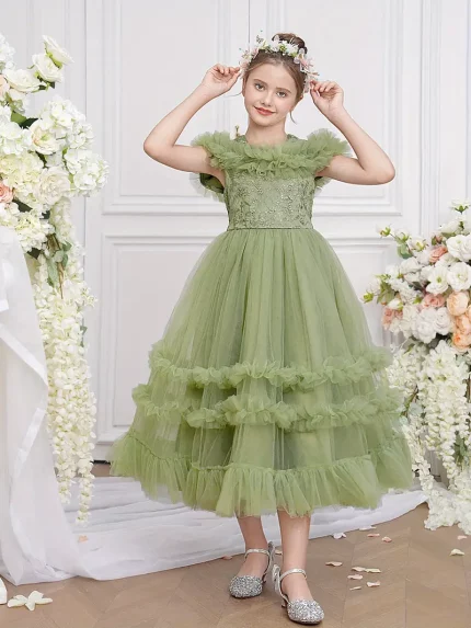 Elegant Mint Green Formal Dress with Floral Embellished Bodice & Puffy Tulle