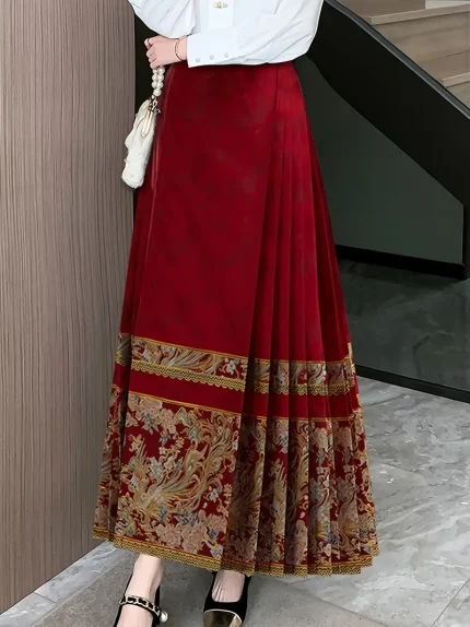 Women's Asian Size Burgundy Red Casual Loose Fit Flared Skirt - Machine Washable