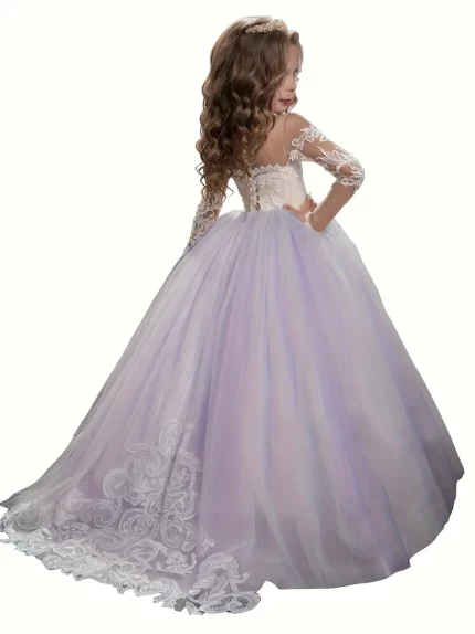 ABAOWEDDING Elegant Lace Embroidered Princess Dress with Sheer Long Sleeves & Tulle Skirt - Slim Fit